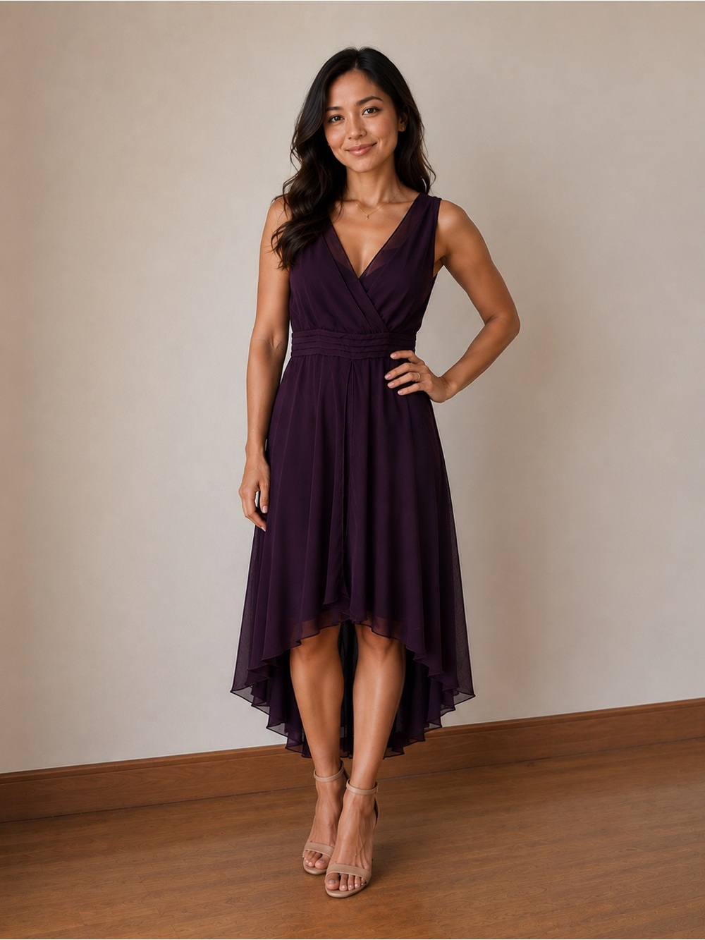 Jessica Sleeveless V-Neck High-Low Dress in Plum
